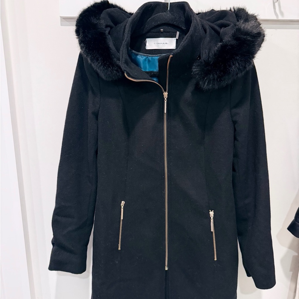 NWOT Tahari Black Coat with Faux Fur Hood